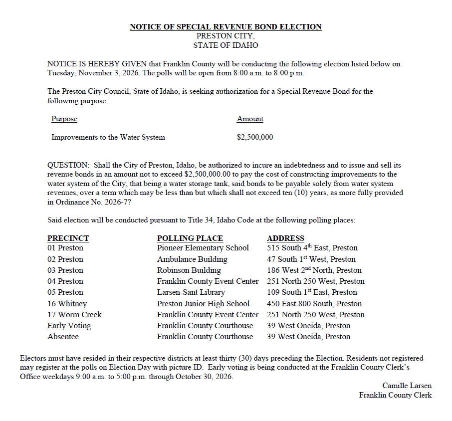 PRESTON CITY SPECIAL REVENUE BOND